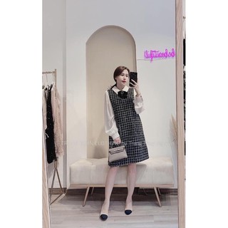 Đầm dạ phối tay voan đính nơ đá
