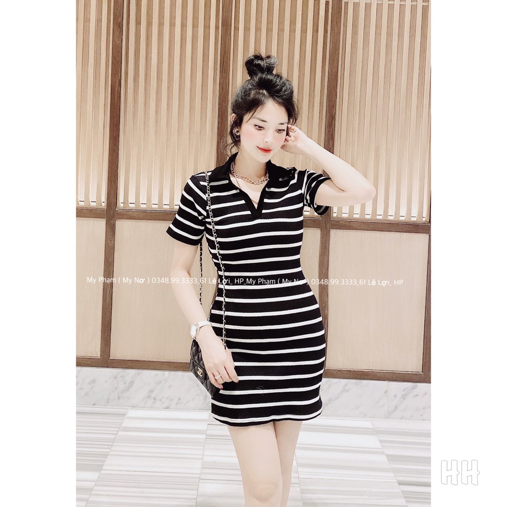 váy body sexy cổ bẻ dài, ngắn kẻ sọc đầm body nữ dễ thương