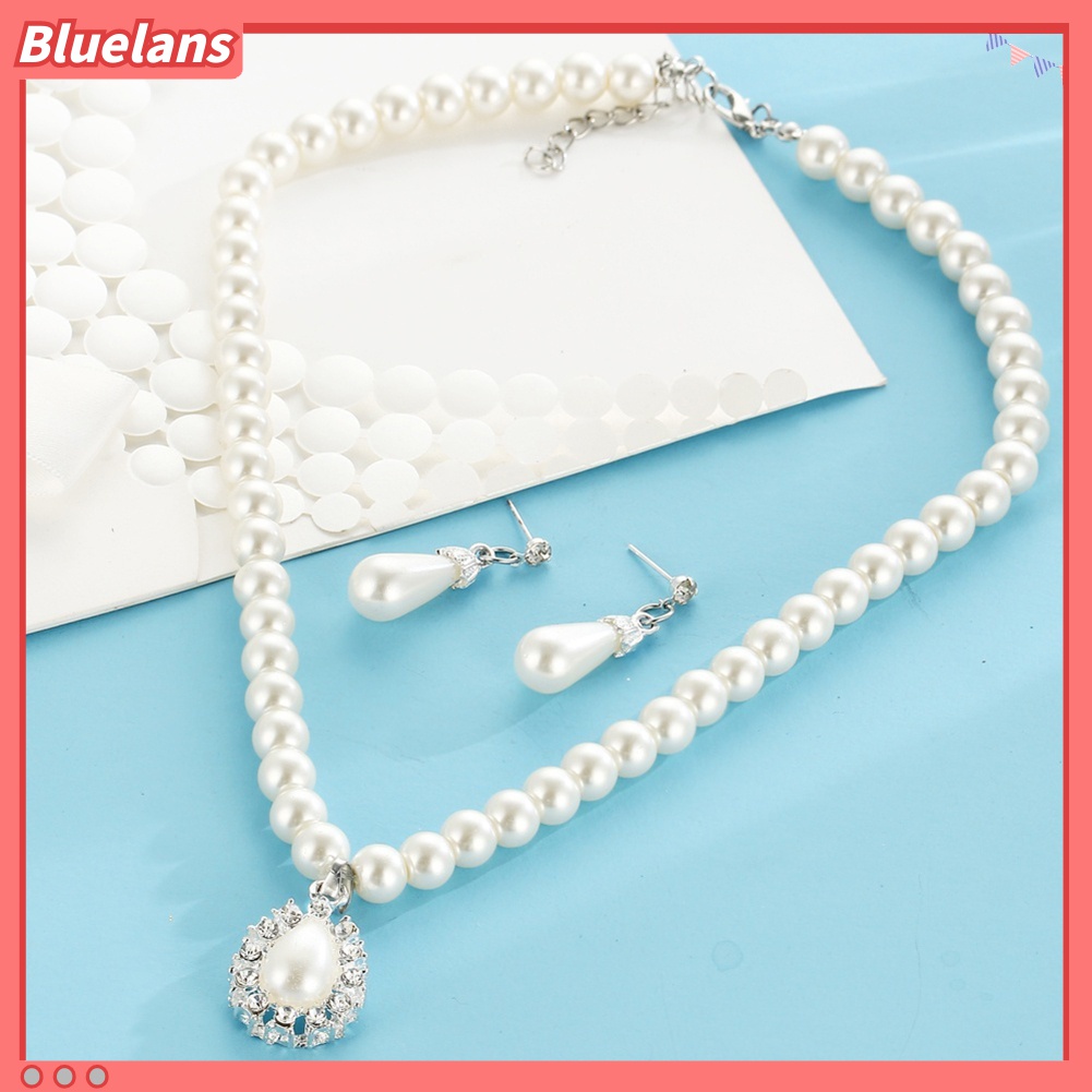 Bộ Vòng cổ + Đôi Bông Tai Hình Giọt Nước Đính Ngọc Trai Giả Thời Trang Cho Nữ