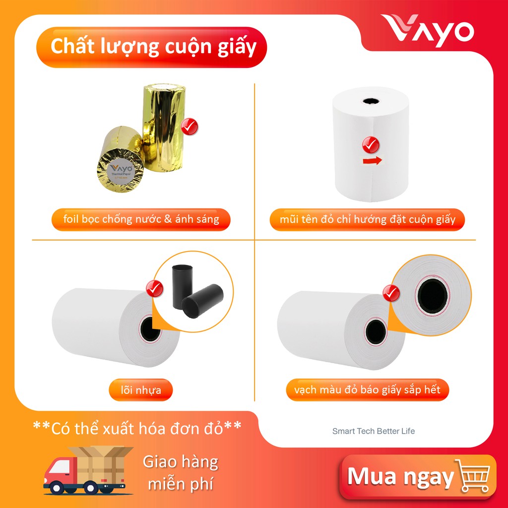 Giấy in nhiệt K57, giấy in bill 57 x 45mm VAYO lõi siêu nhỏ, Bán chạy số #1 (50 cuộn)