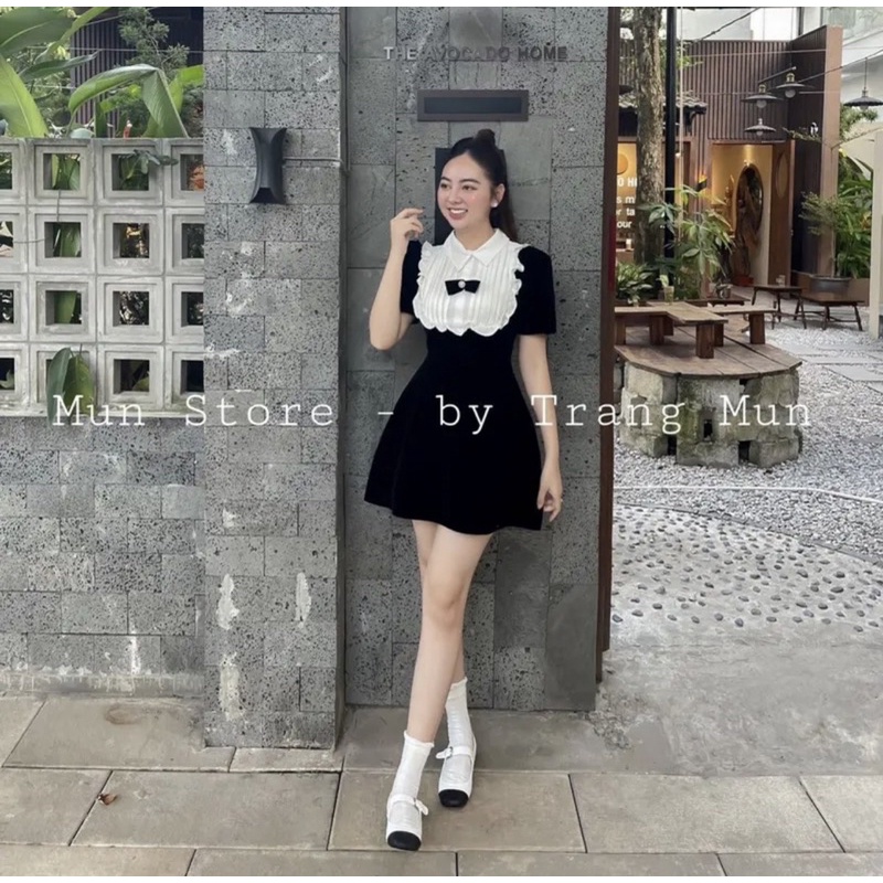 [204] Váy Nhung Cổ Nơ Pha Bèo Trắng Tiểu Thư Siêu Xinh | BigBuy360 - bigbuy360.vn