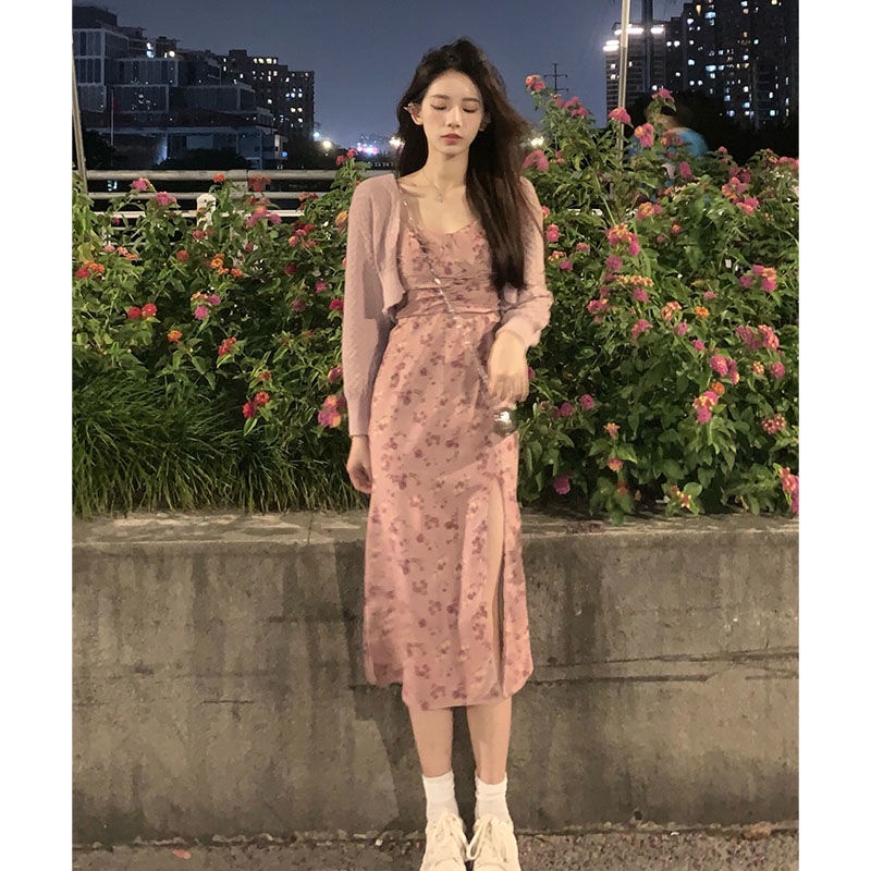 Set váy hai dây kèm áo ngắn dệt kim khoác ngoài thời trang xuân thu nhẹ nhàng cho nữ