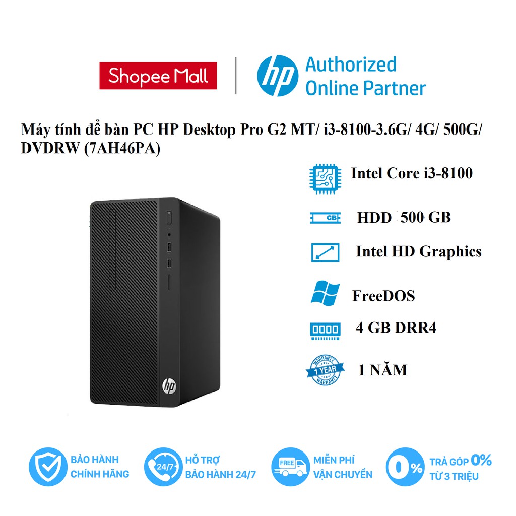 Máy tính để bàn PC HP Desktop Pro G2 MT/ i3-8100-3.6G/ 4G/ 500G/ DVDRW (7AH46PA).