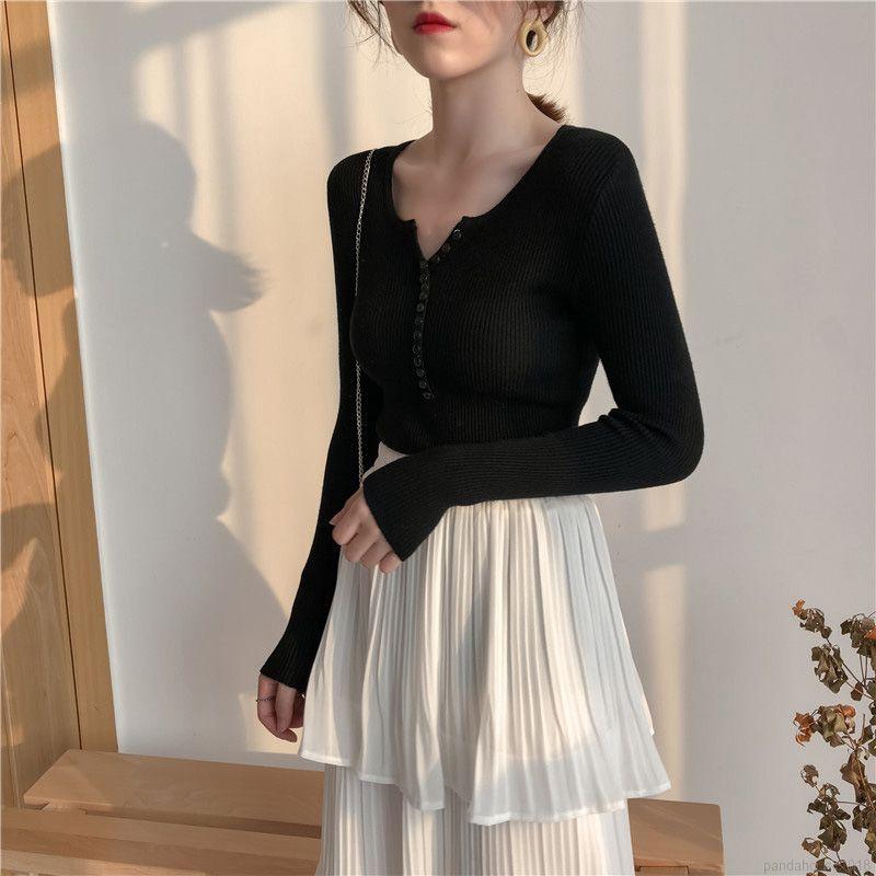 Women Retro Loose Autumn Wool Clothing V Collar Long Sleeve Knit Button Wild Thin Solid Color Sweater | BigBuy360 - bigbuy360.vn