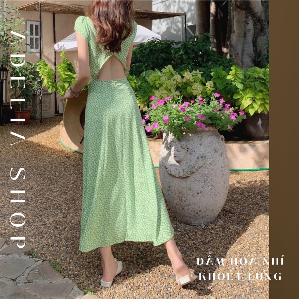 Sẵn - Đầm Hoa Nhí | Đầm Hoa Nhí Nữ Dáng Dài Màu Xanh Mint Khoét Lưng Xẻ Vạt Sexy Thời Trang Ulzzang Hàn Quốc
