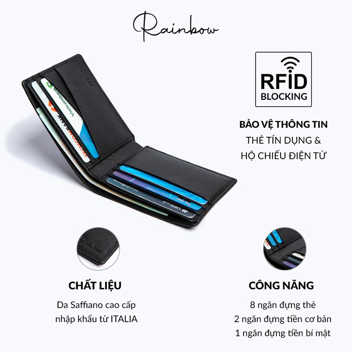 Ví nam da Saffiano đựng thẻ Minimalist Rainbow W002 - Chống trầy, chống nước, nhỏ gọn công nghệ RFID