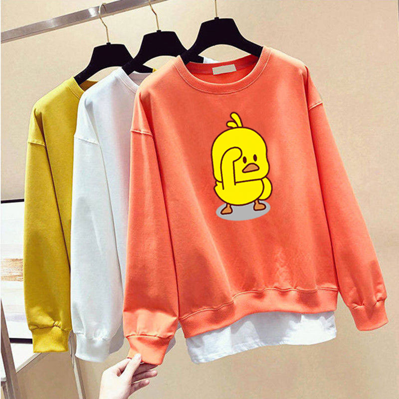 Áo Sweater Cotton Tay Dài Cổ Tròn In Hình Vịt Vàng Hoạt Hình 4 Màu Tùy Chọn Phong Cách Hàn Quốc Thời Trang Cho Nữ