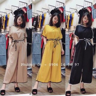 Set voan ống rộng tay cánh dơi viền màu kèm belt