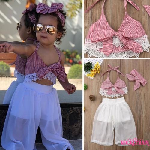 Set áo lửng hai dây + quần dài + băng đô nơ dễ thương cho bé gái