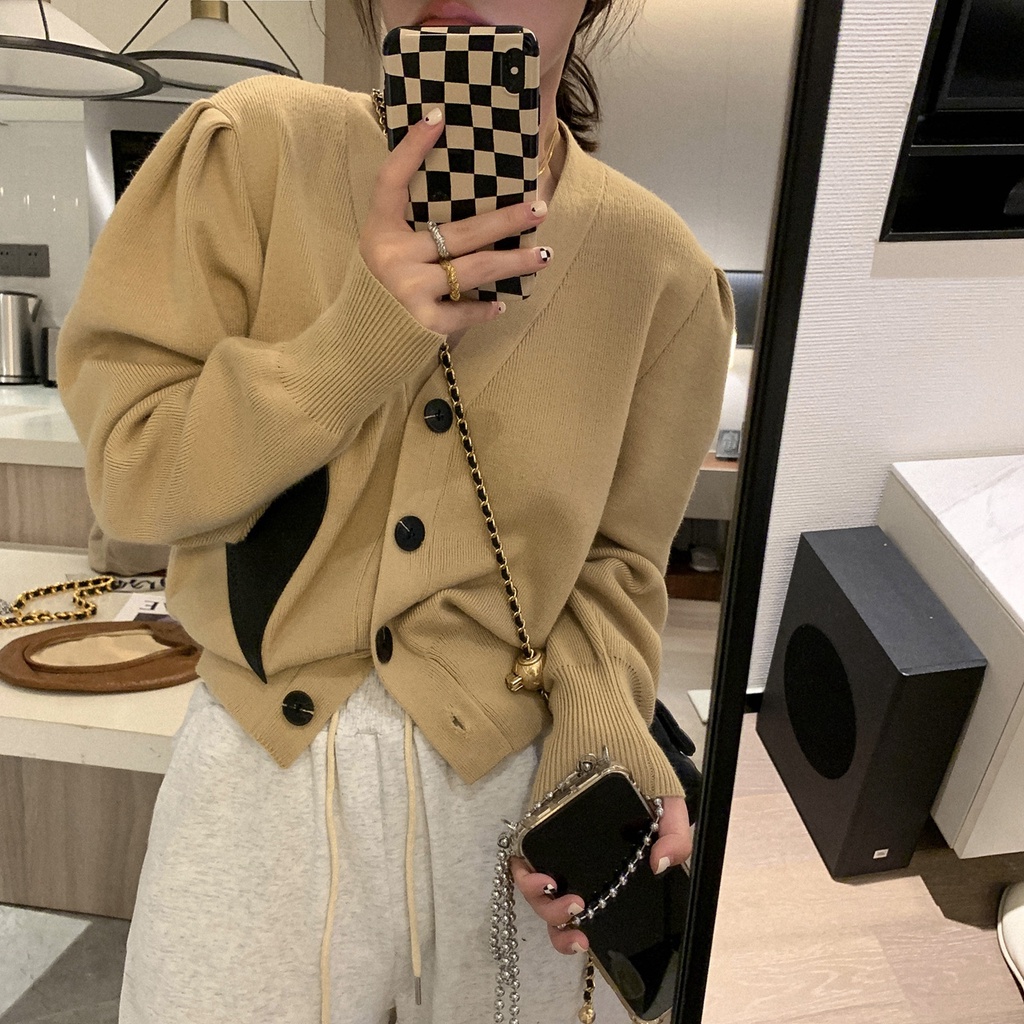 Áo khoác len cardigan cổ chữ V in hình trái tim phong cách retro thời trang Hàn Quốc cho nữ