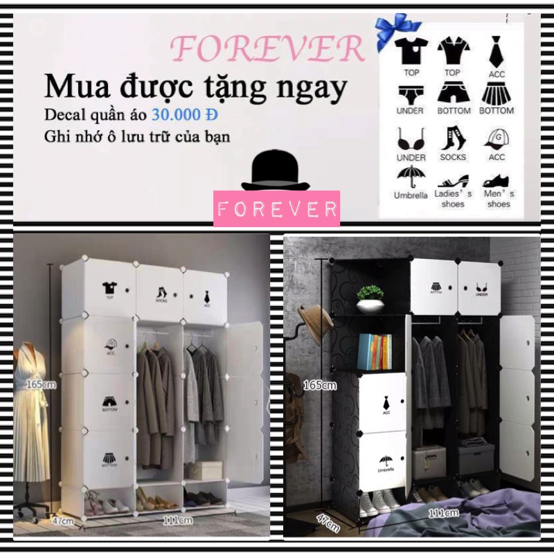 Tủ nhựa ghép giá rẻ 15 ô(3 ô giày) màu trắng và đen, decal quần áo