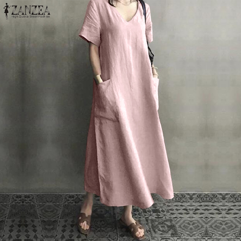 Đầm maxi ZANZEA ngắn tay cổ chữ V phong cách đơn giản cho nữ