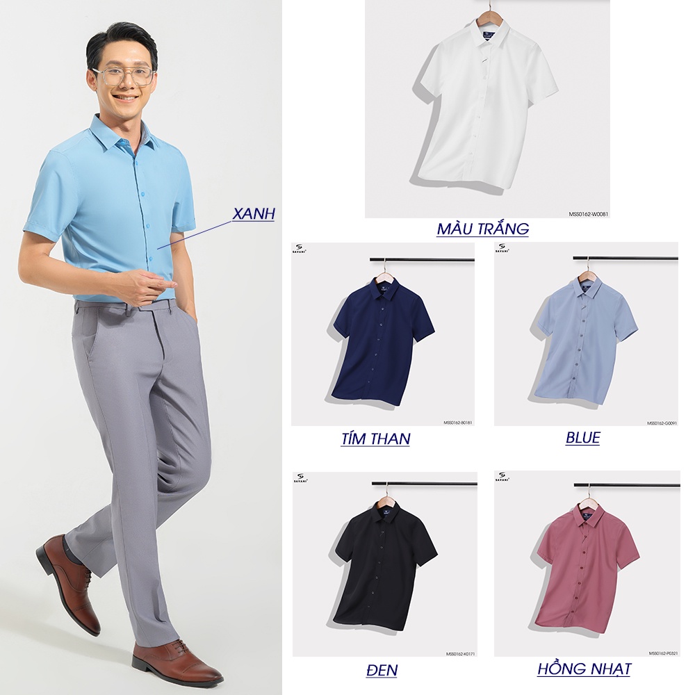 Áo sơ mi nam ngắn tay trơn  SAVANI trẻ trung, lịch lãm, vải sợi sồi không nhăn, thoáng mát MSS0162