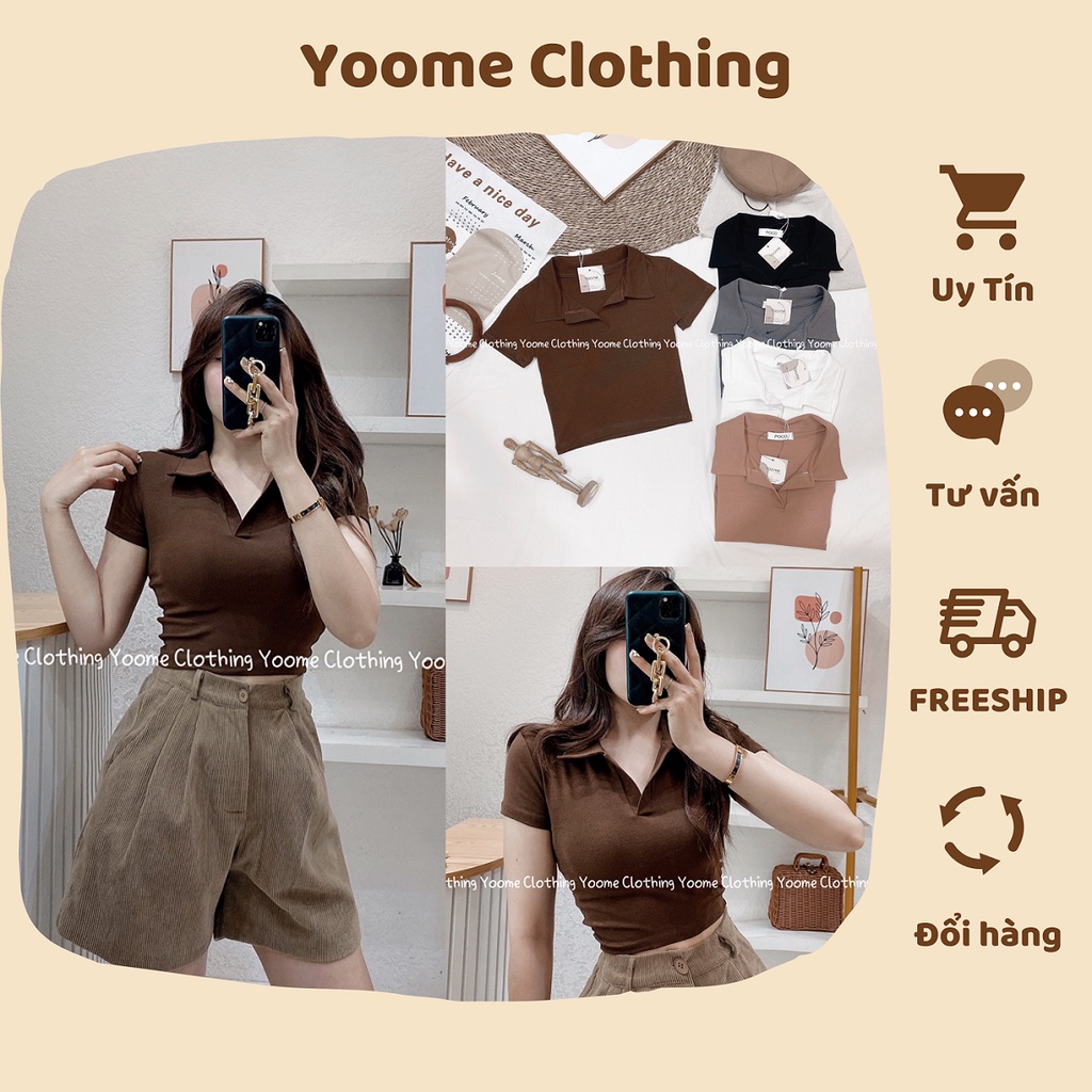 Áo croptop cổ bẻ polo đức cổ V chất cotton hàn cho nữ Yoomeclothing