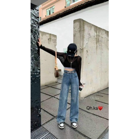 Quần jeans ống suông kèm đai xích wang hàng QCL1