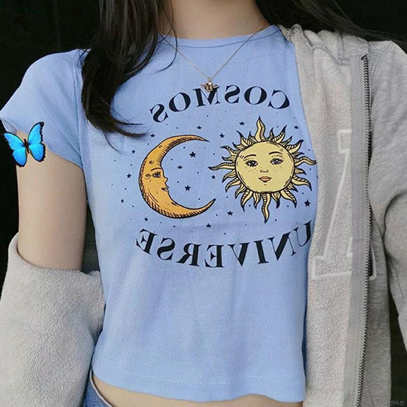 Áo Croptop Ngắn Tay In Hình Mặt Trăng / Mặt Trời Kiểu Hàn Quốc Xinh Xắn Cho Nữ