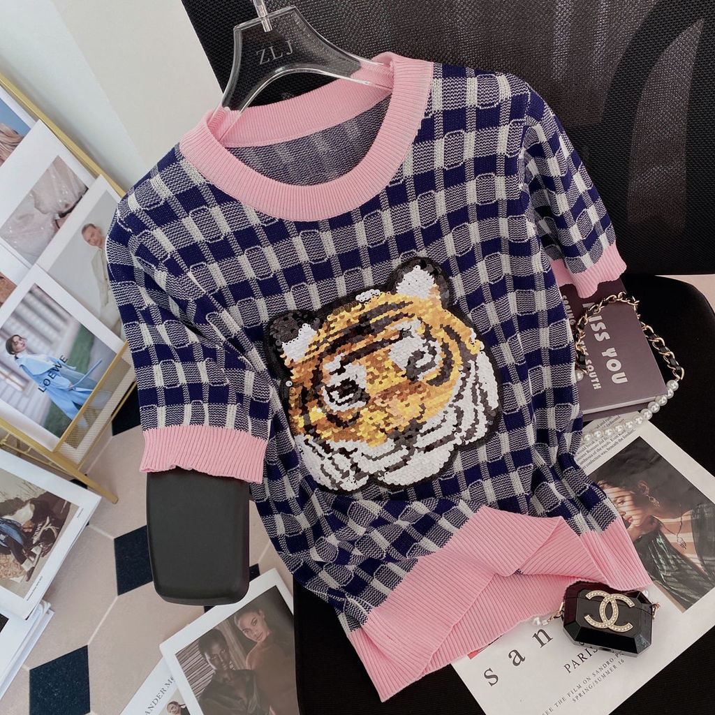 AMOI Áo Thun Tay Ngắn Họa Tiết Sọc Caro Đính Kim Sa Xinh Xắn Cho Nữ