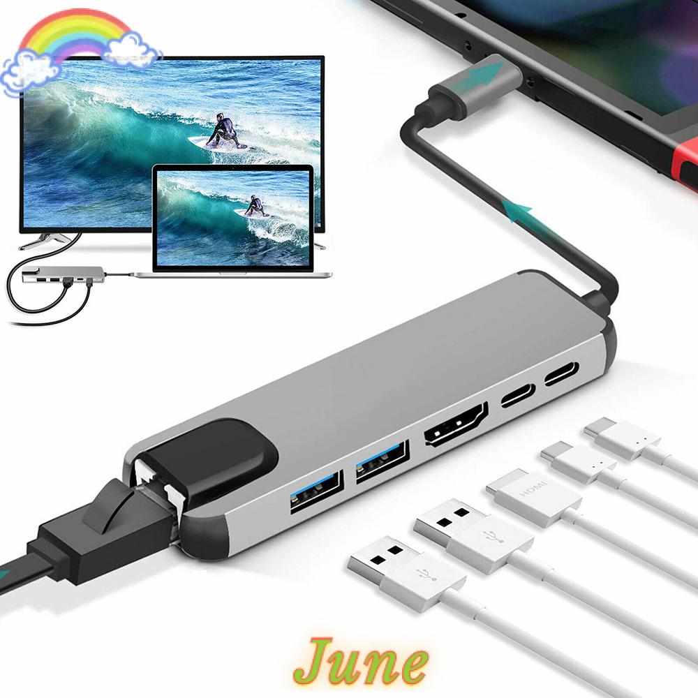 JUNE 6 in 1 Aluminum Alloy USB 3.1 Type-C Hub Docking Station USB-C Expander 4K HDMI Data Transfer High Speed PD Charging Multi-port Adapter RJ45 Gigabit Ethernet