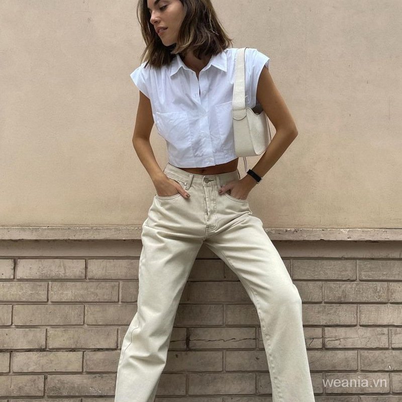 Áo Croptop Tay Ngắn Cổ Bẻ Phối Nút Thời Trang Cá Tính Cho Nữ