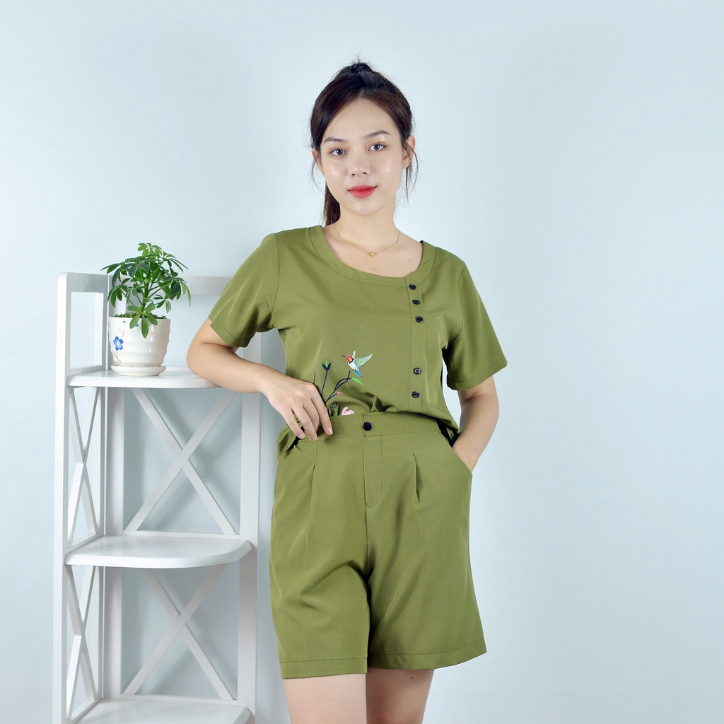 Bộ đồ nữ MÀU XANH RÊU IN HOA THÚ ĐIỂM NHẤN HÀNG NÚT   - vải lụa cao cấp - Cực Kì Sang Chảnh - Qúy phái