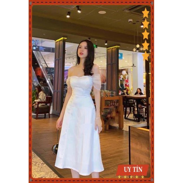 Đầm dự tiệc trắng Midi trễ vai phi phối lưới Eva_home_fashion | BigBuy360 - bigbuy360.vn