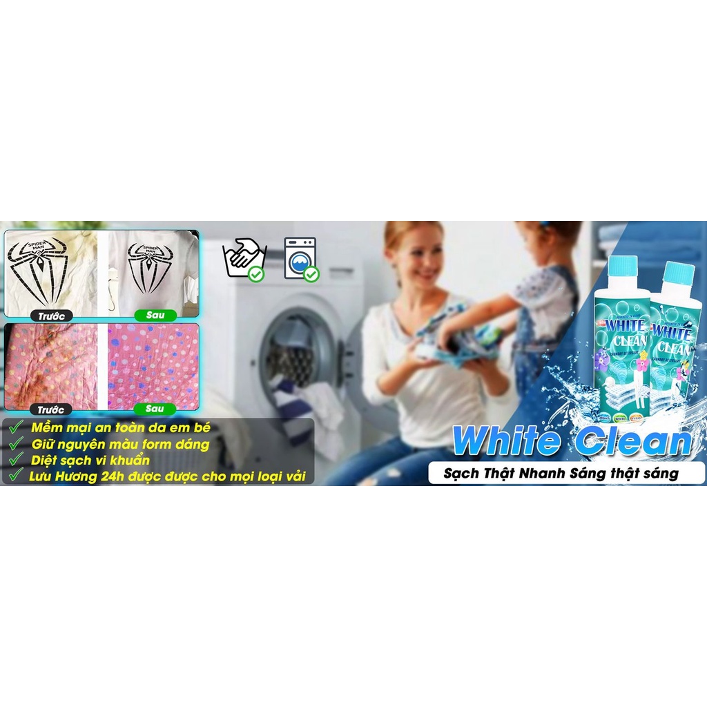 Tẩy trằng quần áo White Clean, thuốc tẩy mọi nấm mốc, ố vàng chánh phai mầu quần áo, an toàn cho da tay
