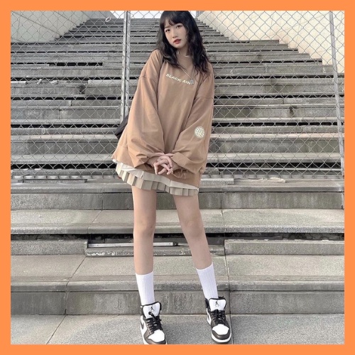 Áo Nỉ Black Air nữ - Sweater tay bồng dáng rộng nỉ bông thun dài tay thêu chữ phong cách Hàn Quốc - LINH CHI STORE