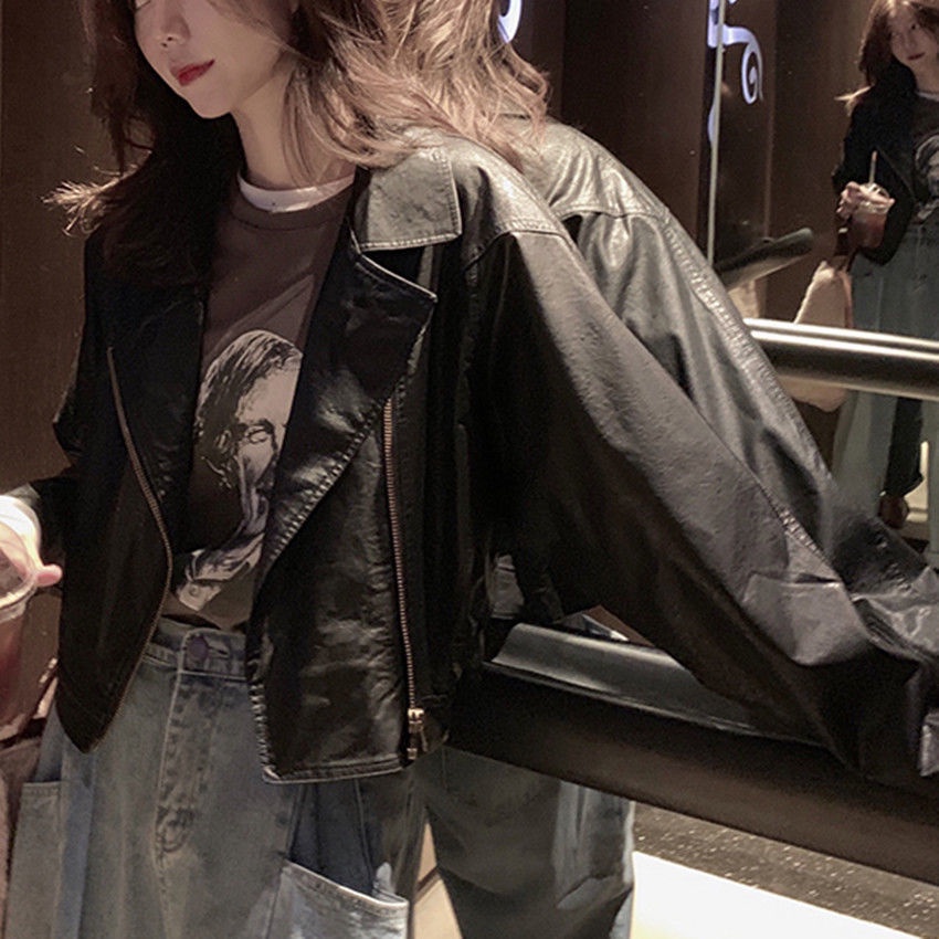 Áo khoác da dáng rộng loại mỏng sành điệu dành cho nữ