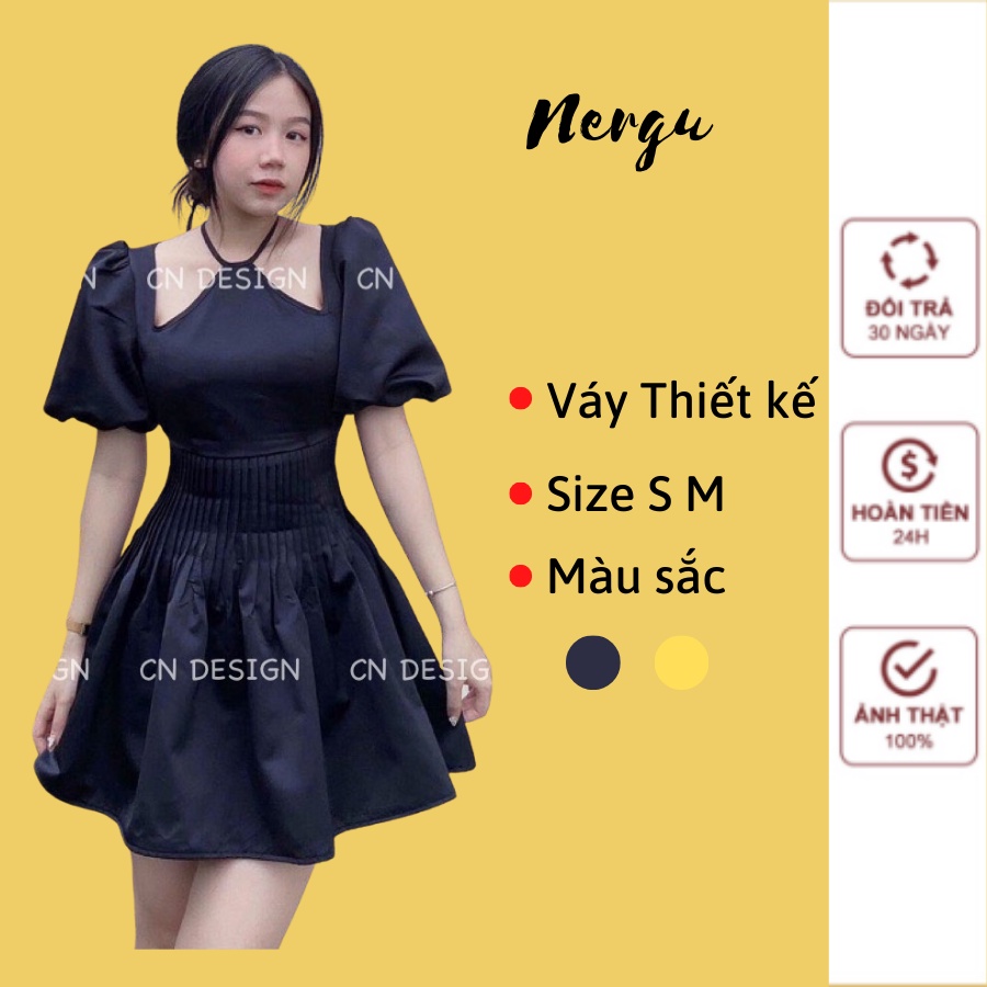 Váy Tacta Cổ Yếm Tay Bồng Đầm Ngắn Trơn Màu Dáng Xòe Tiểu Thư