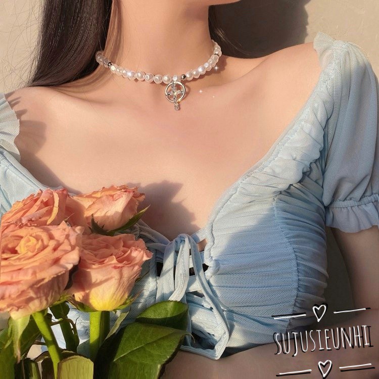 (2 mẫu)Vòng cổ choker ngọc có gắn chữ thập đính đá (Loại đẹp)