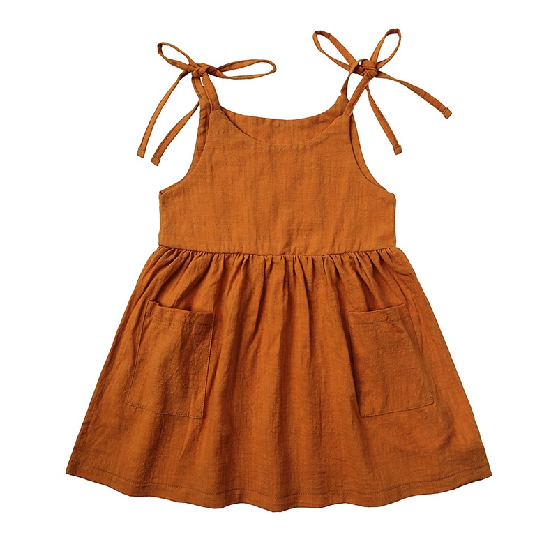 Đầm Cotton Lanh Hai Dây Màu Trơn Có Túi Thoáng Khí Dành Cho Bé Gái 1-6 Tuổi