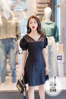 Bigsize Đầm đen cổ tim lưới D148