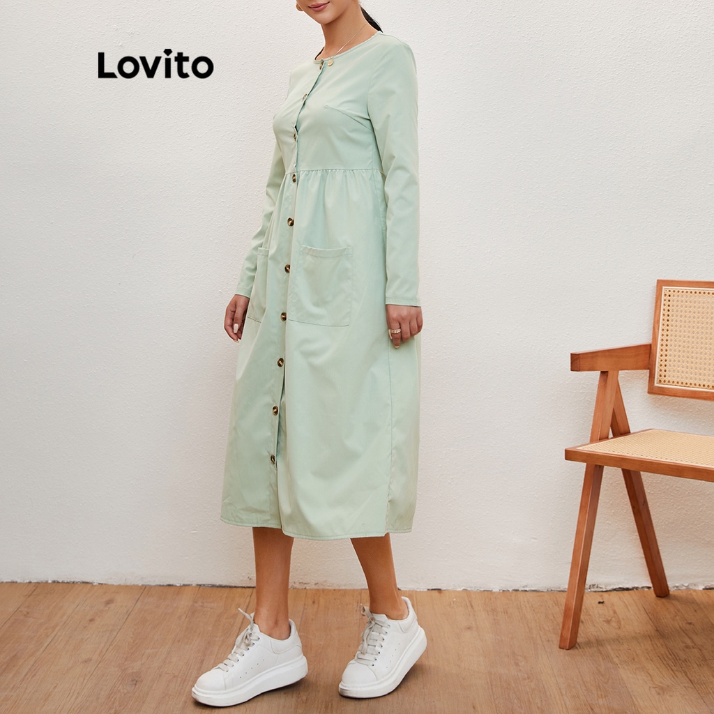 Lovito Đầm Tay Dài Cổ Chữ V Có Túi Màu Xanh Lá L20D2022-3-22