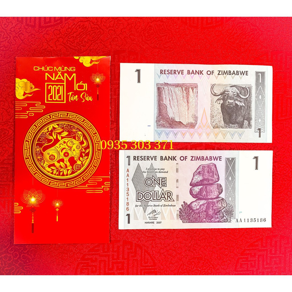 Tiền Con Trâu Zimbabwe 1$ Lưu Niệm Mừng Tuổi Tân Sửu - Tặng Kèm Bao Lì Xì