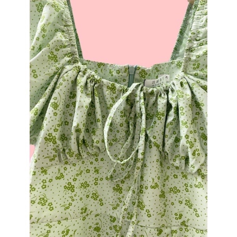 Váy Hoa Xanh nhí Xẻ tà dây rút buộc Ngực, Đầm hoa Tiểu thư