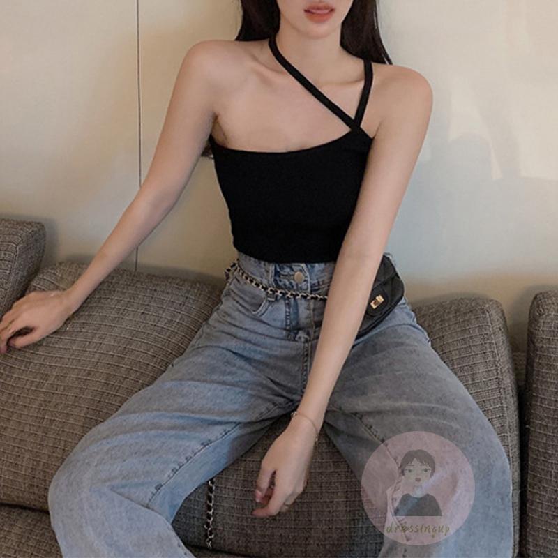 Áo Tank Top Hai Dây Lệch Tà Màu Trơn / Trắng / Xanh Lá / Đen Thời Trang Mùa Hè Cho Nữ