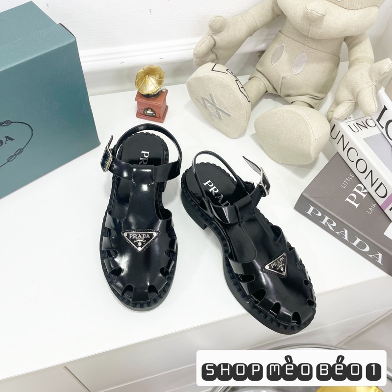 Sandal prd giọ da bóng gót vuông fullbox