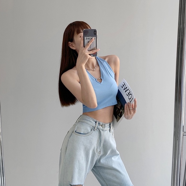 【ZHELIHANGFEI】 / cool Girl Áo Hai Dây Dáng Ngắn Hở Rốn Phối Hình Trái Tim Kim Loại Rỗng Phong Cách Cá Tính Dành Cho Bạn Gái