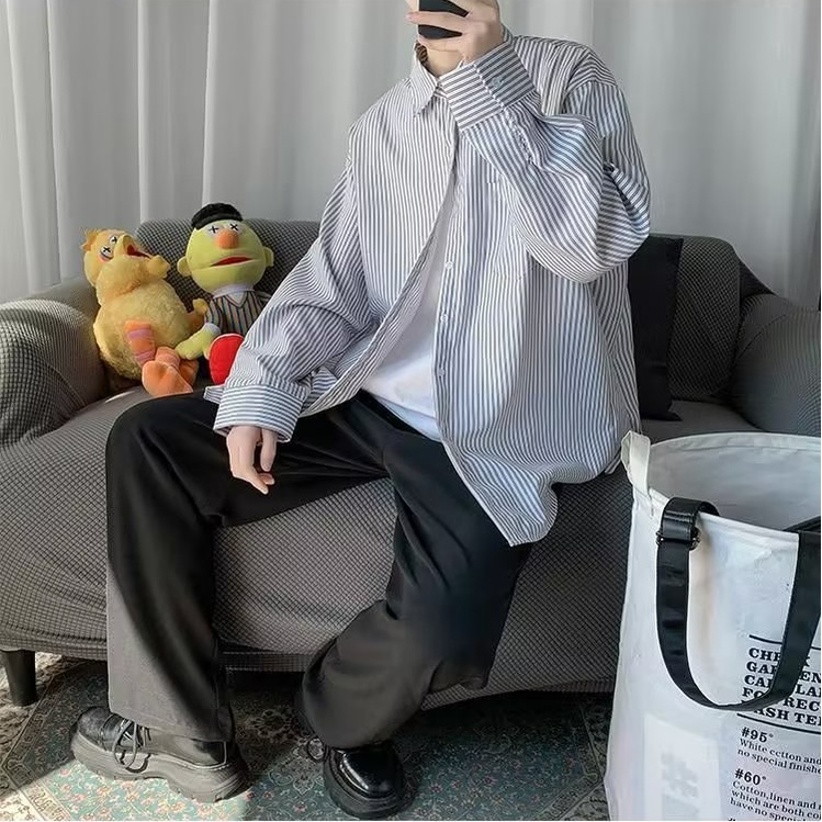 Mùa hè bùng nổ Hàn Quốc người đàn ông dài tay áo lỏng lẻo hàng ngày đơn giản phù hợp với thanh niên phổ biến mẫu sọc áo sơ mi nam dài tay