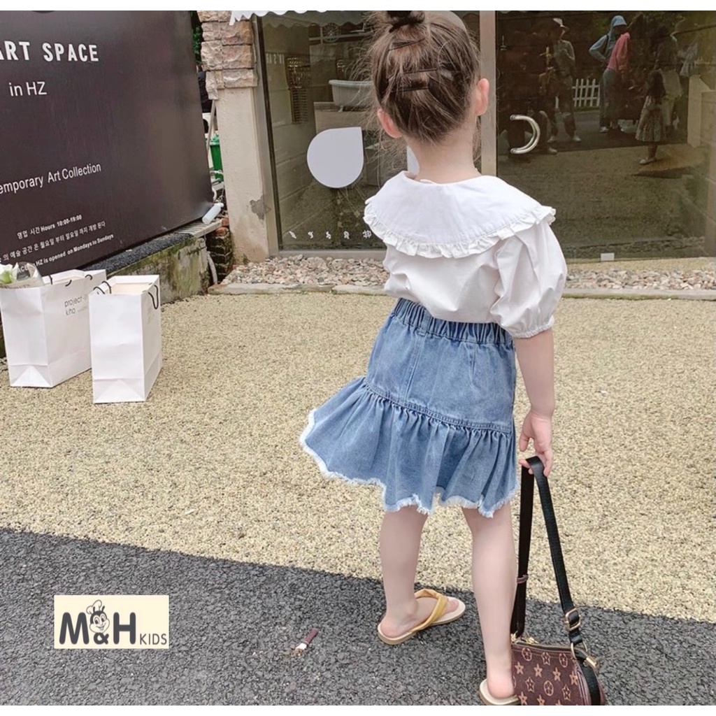 Bộ bé gái, chân váy bò + áo sơ mi bé gái cổ sen, từ 15-30kg - Richkid123