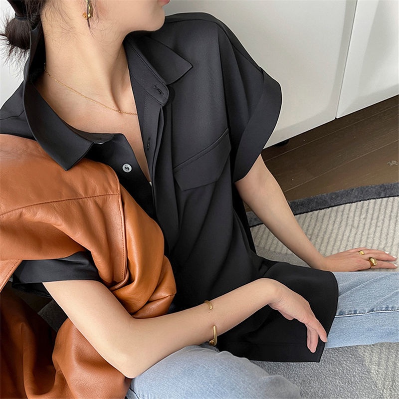 Áo Sơ Mi Chiffon Tay Ngắn Màu Trơn Dáng Rộng Phong Cách Hàn Quốc Thời Trang Mùa Hè Cho Nữ