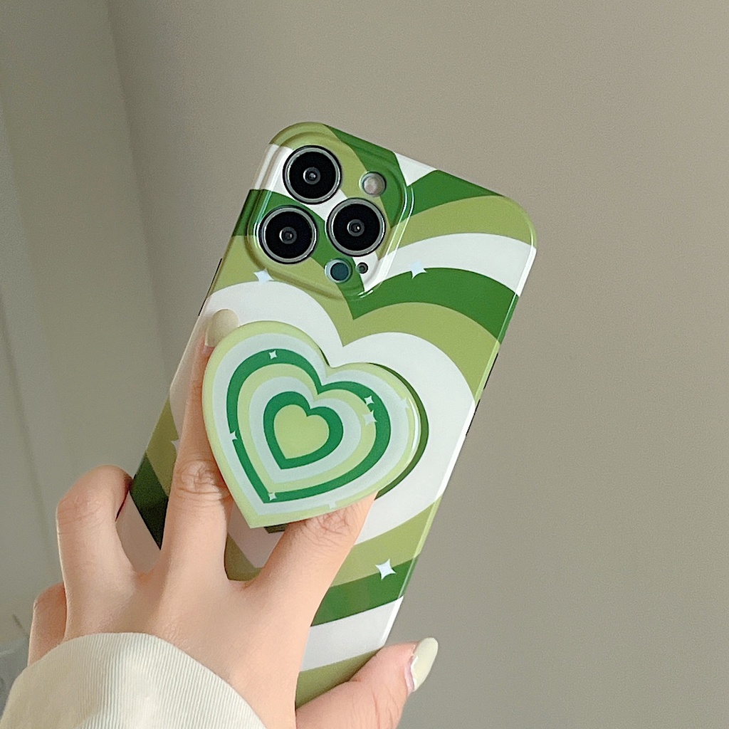 Ốp Điện Thoại Họa Tiết Trái Tim Màu Xanh Lá Ngọt Ngào Kèm Giá Đỡ Chống Sốc Cho Iphone
