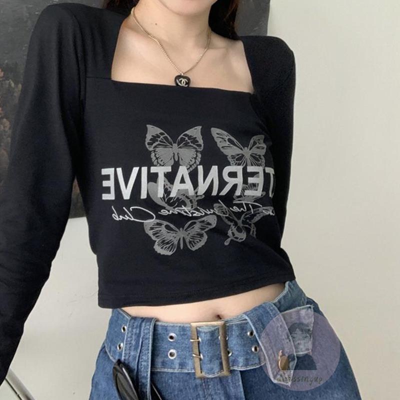 Áo Thun Dài Tay Cổ Vuông In Chữ Và Bướm Thời Trang Cho Nữ
