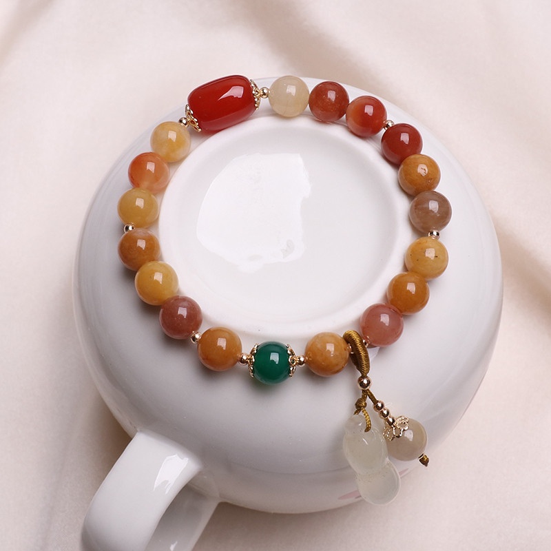 [Hàng Mới Về] Vòng Tay Hạt Đá Mã Não Lụa Vàng Đơn Giản An Toàn Khóa Cài An Toàn