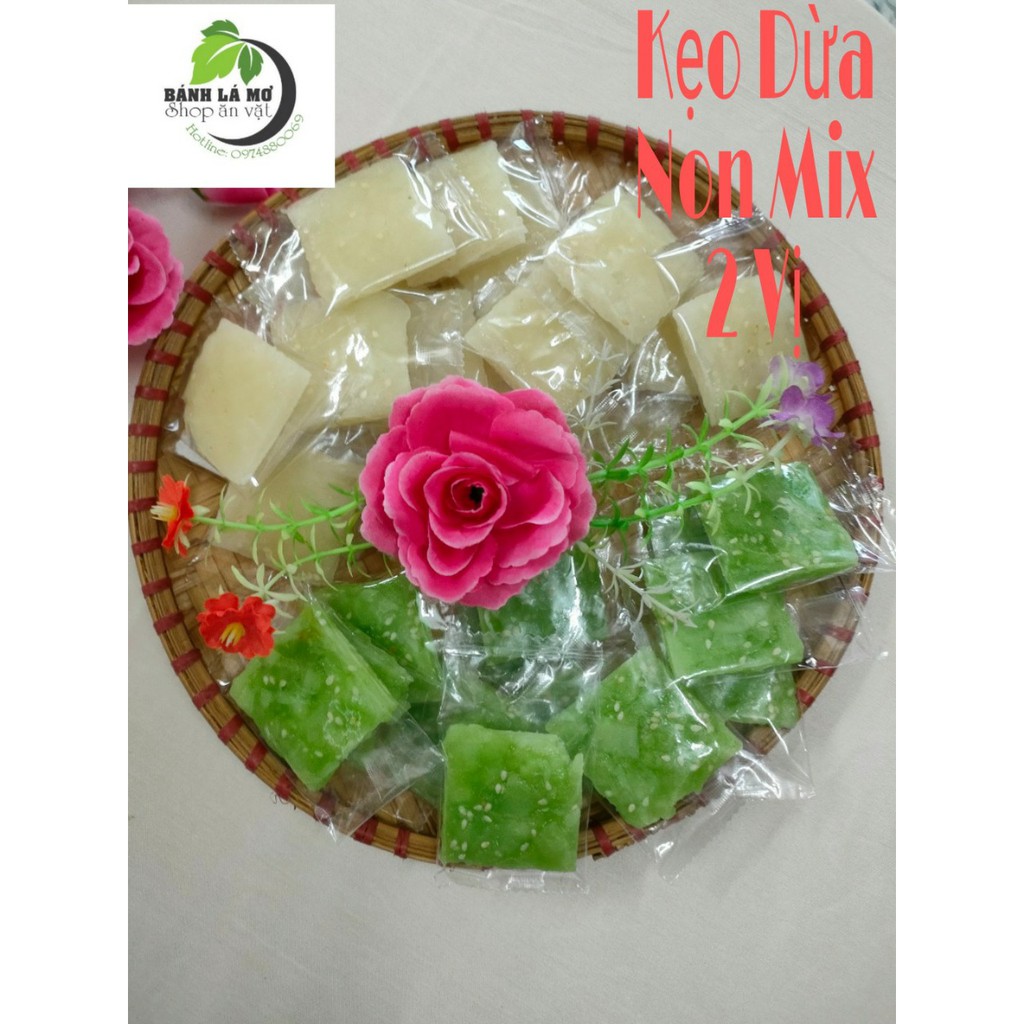 1 KG Kẹo Dừa Non Lá Dứa Mix Vị Siêu Ngon- BÁNH LÁ MƠ SHOP