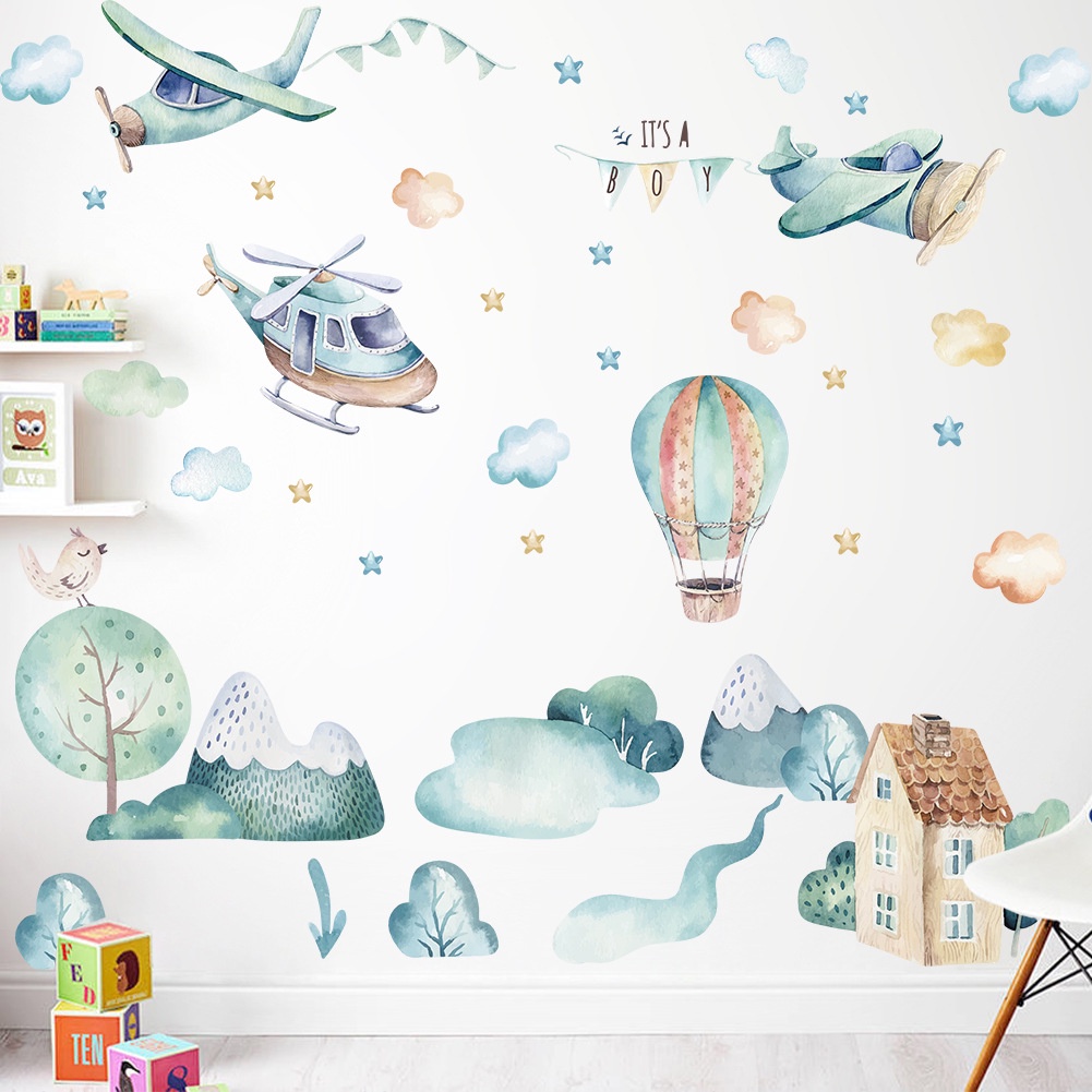 Sticker Dán Tường Họa Tiết Hoạt Hình Máy Bay Và Khinh Khí Cầu Trang Trí Phòng Bé