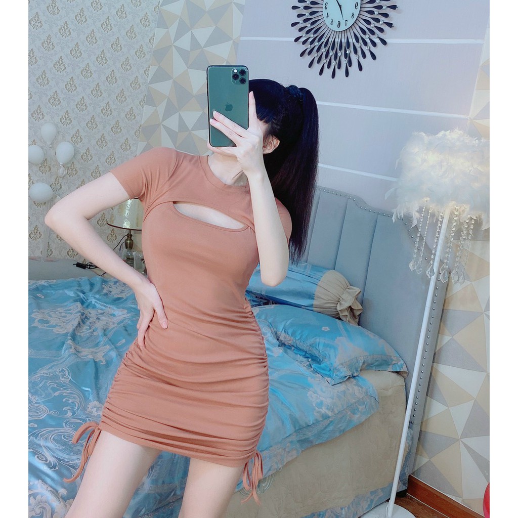 thun thái-đầm rút dây 2 bên hông phối cut out hở ngực SIÊU SEXXY