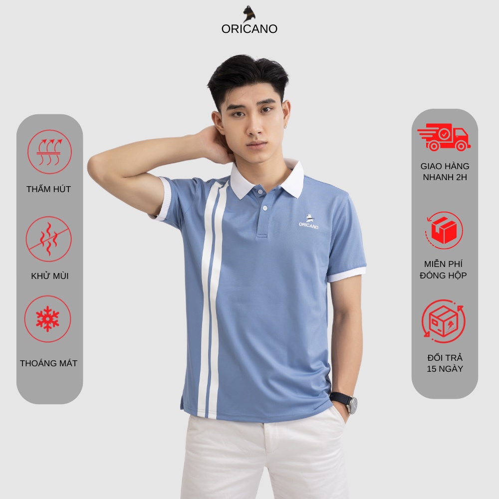 Áo Polo ORICANO Nam Xanh Dương Tay Ngắn Cổ Bẻ Chất liệu 95 Polyester Và 5 Xpander Đẹp Mềm Mịn
