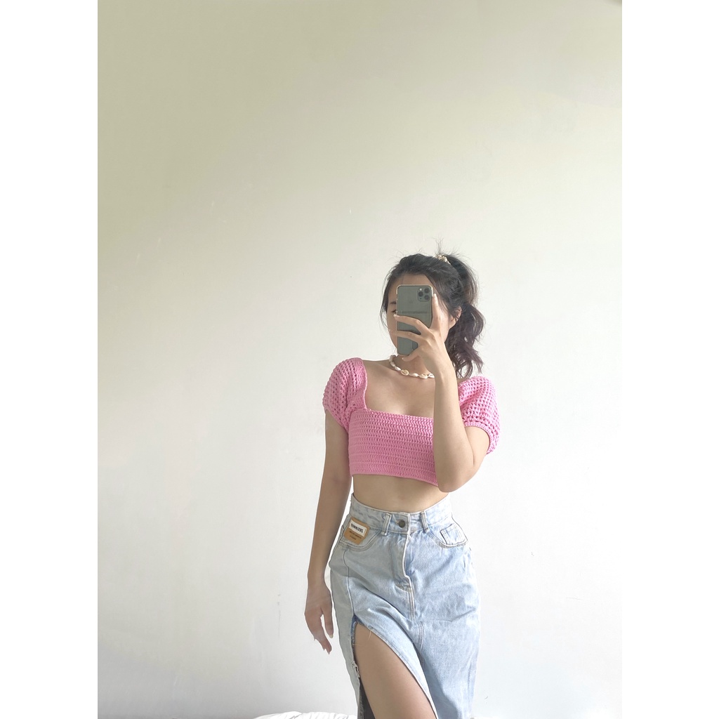 Áo đan móc cổ vuông tay phồng Bouffant Sleeved Top