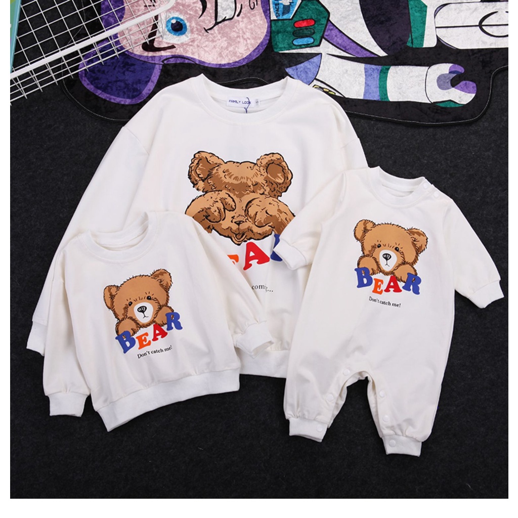 Áo Gia Đình Thu Đông Familylove - Áo Gia Đình Mùa Đông 3/4/5 Người Cotton Nỉ Cao Cấp Họa Tiết Gấu Bear Dễ Thương